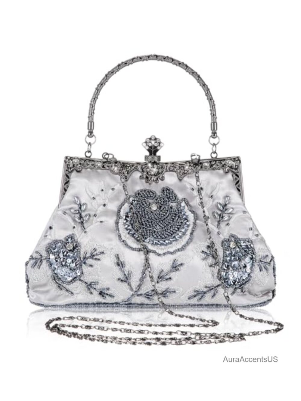 Embroidered Sequin Beaded Clutch Purse Evening Crossbody Bag with Chains